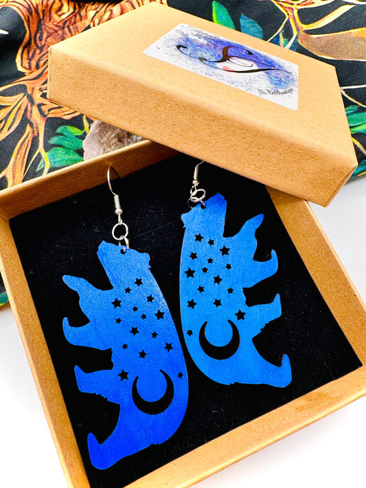 Blue Bear Wood Earrings