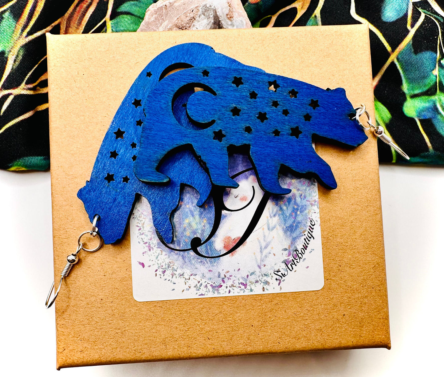 Blue Bear Wood Earrings