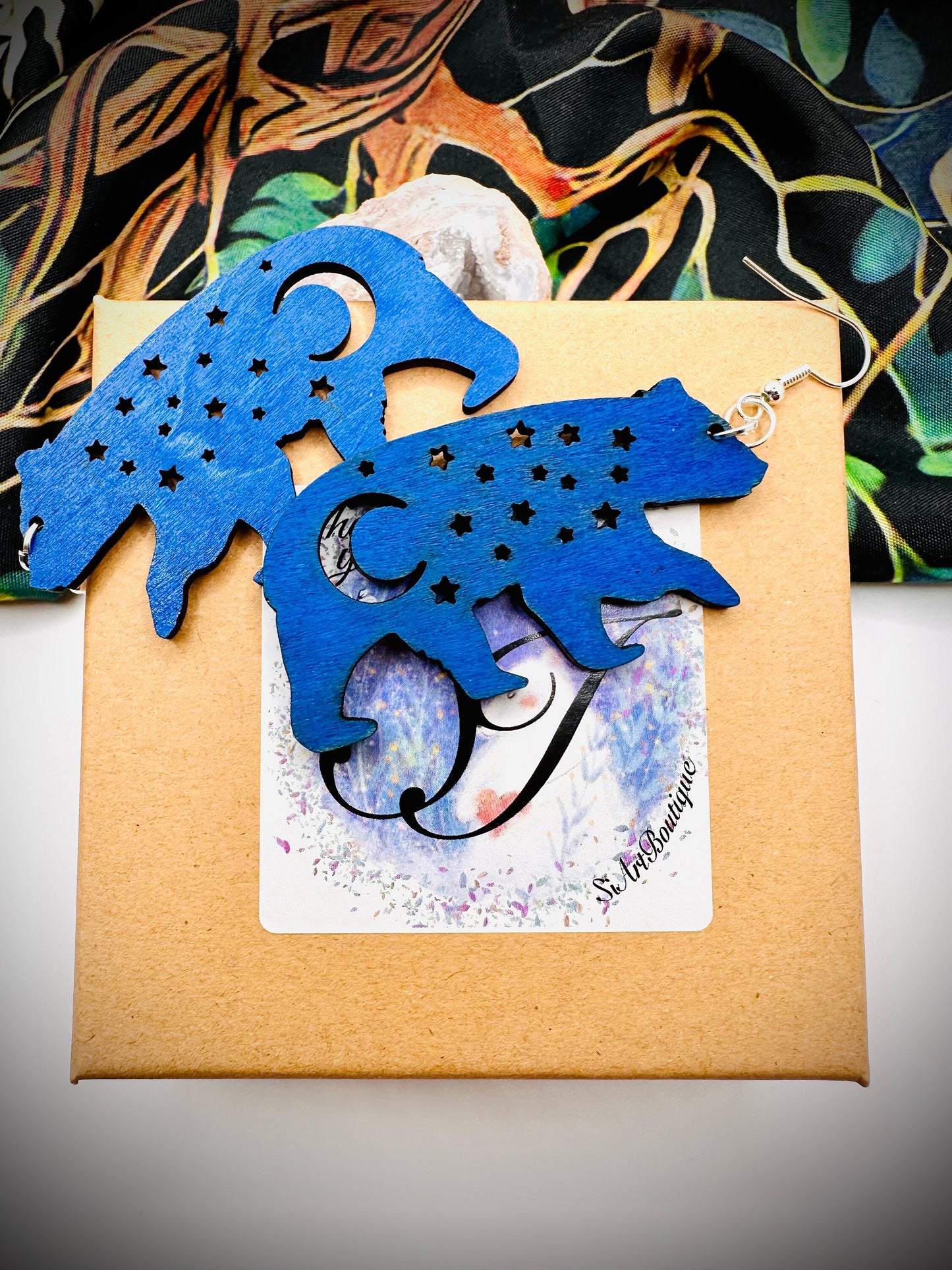 Blue Bear Wood Earrings